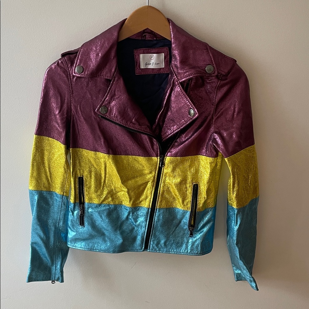 Colorblock Metallic Moto Jacket - Magenta, Yellow & Teal